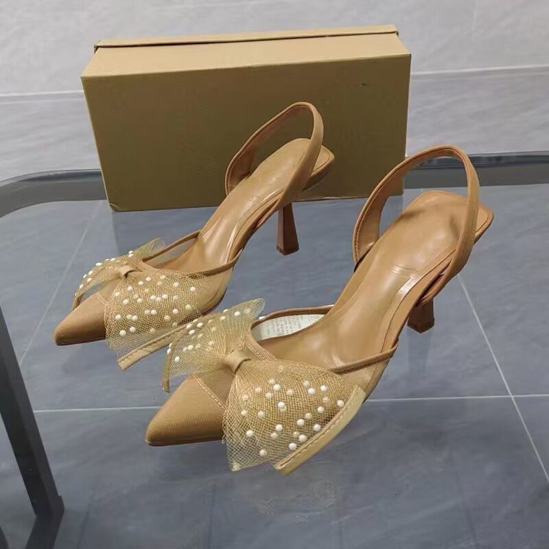 (Beige)TRAF Woman Pumps Butterfly High Heels Summer 2023 Women Slingback Wedding Bride Bow Hee JIN