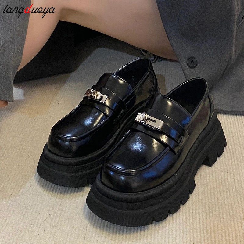 (black)platform Loafers Shoes British College Style Muffin Thick Sole Round Toe Single Shoes L JIN