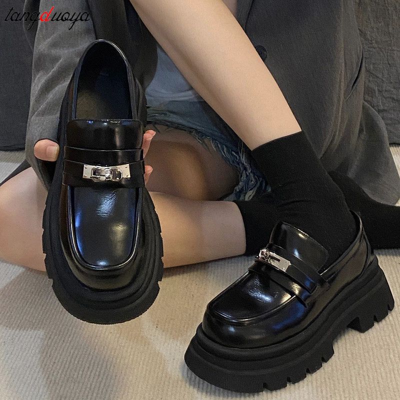 (black)platform Loafers Shoes British College Style Muffin Thick Sole Round Toe Single Shoes L JIN