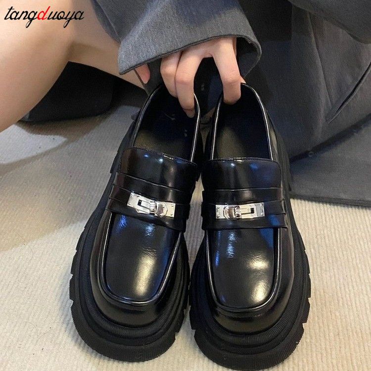 (black)platform Loafers Shoes British College Style Muffin Thick Sole Round Toe Single Shoes L JIN