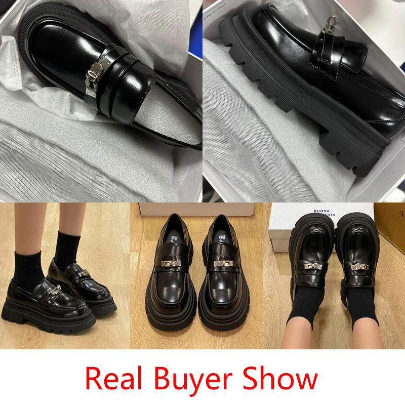 (black)platform Loafers Shoes British College Style Muffin Thick Sole Round Toe Single Shoes L JIN