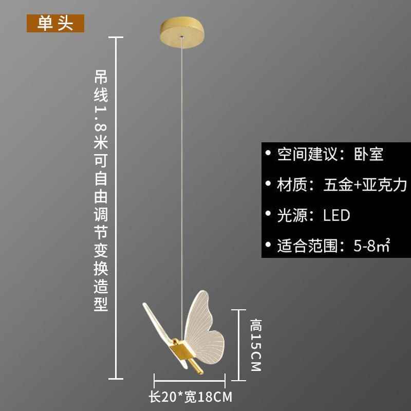 Butterfly bedside chandelier long line modern minimalist bedroom lamp light luxury restaurant lamp bar table LED small chandelier net red Golden butterfly/single head/three-color light