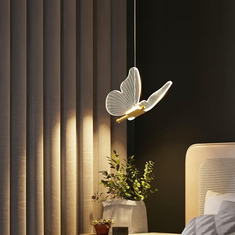 Butterfly bedside chandelier long line modern minimalist bedroom lamp light luxury restaurant lamp bar table LED small chandelier net red Golden butterfly/single head/three-color light