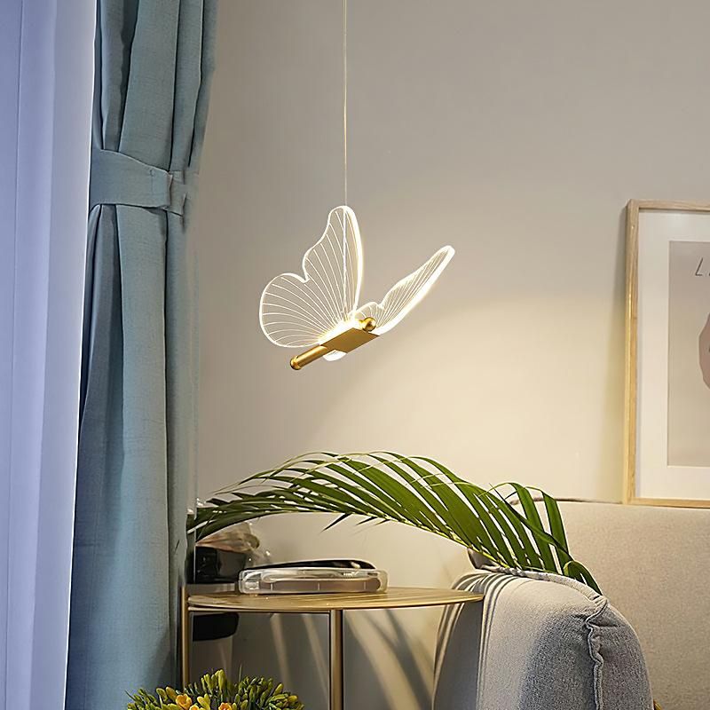 Butterfly bedside chandelier long line modern minimalist bedroom lamp light luxury restaurant lamp bar table LED small chandelier net red Golden butterfly/single head/three-color light