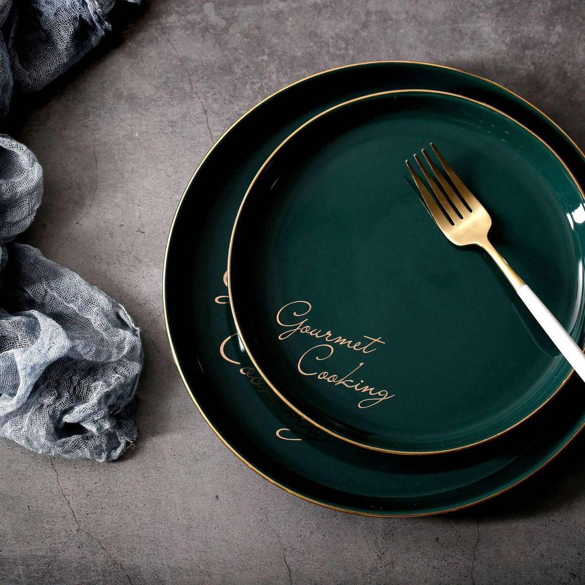 Green Ceramic Gold Inlay Plate Steak Food Plate Nordic Style Tableware Bowl Ins Dinner Dish High End Porcelain Dinnerware Set Large Round Plate With Letter"Gourmet Cooking"