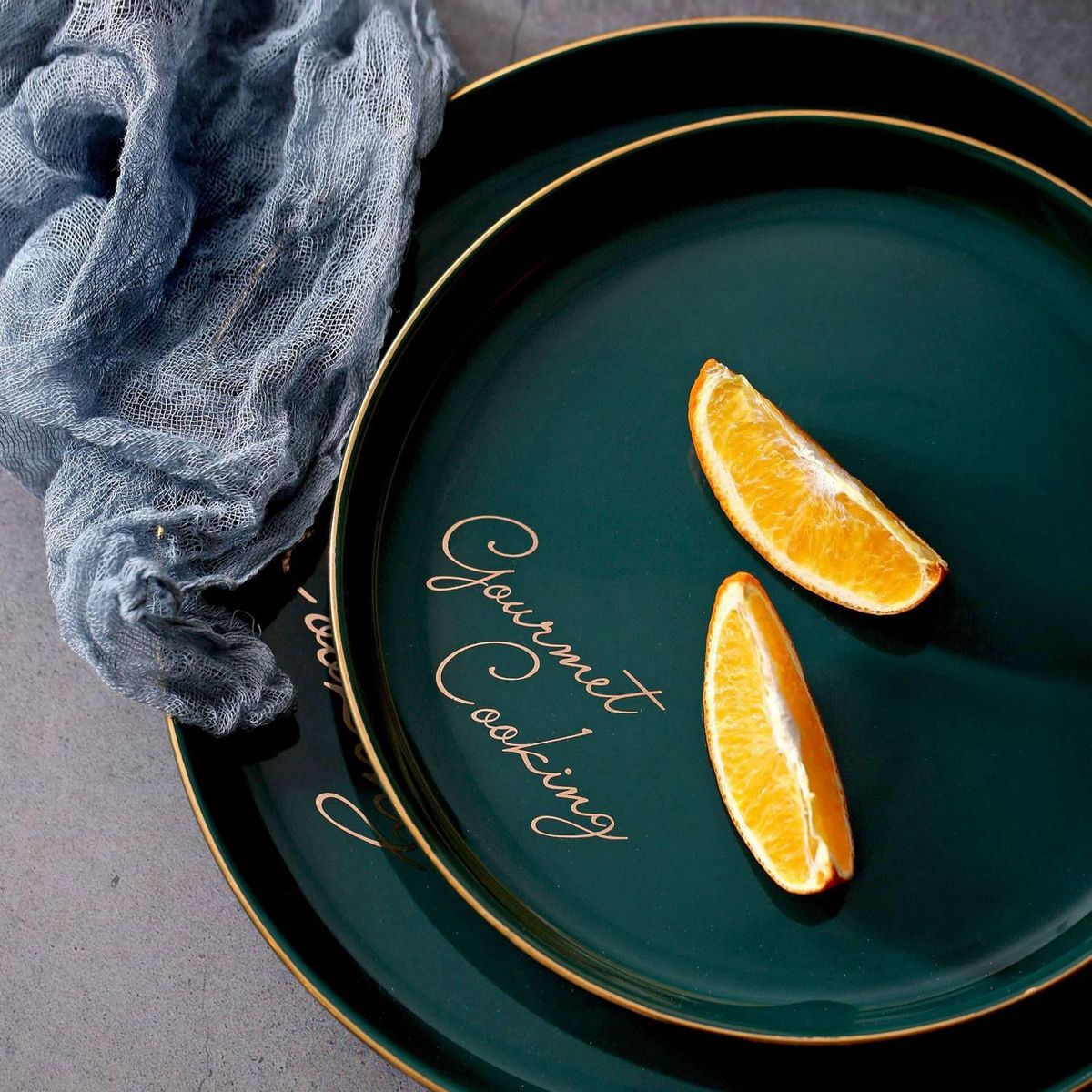Green Ceramic Gold Inlay Plate Steak Food Plate Nordic Style Tableware Bowl Ins Dinner Dish High End Porcelain Dinnerware Set Large Round Plate With Letter"Gourmet Cooking"