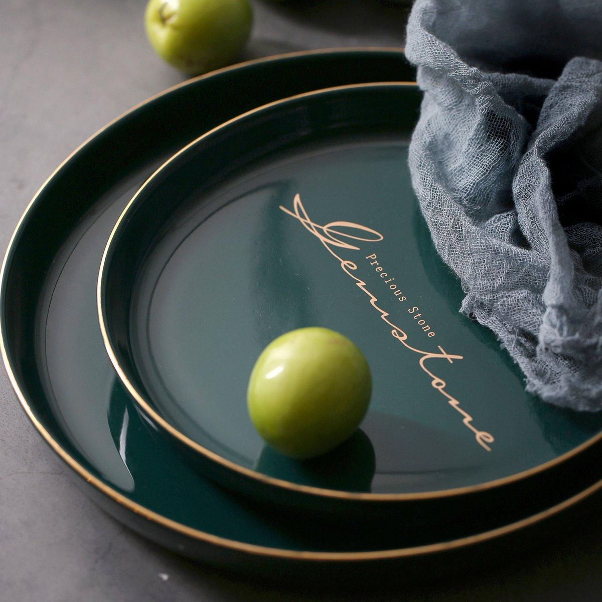 Green Ceramic Gold Inlay Plate Steak Food Plate Nordic Style Tableware Bowl Ins Dinner Dish High End Porcelain Dinnerware Set Large Round Plate With Letter"Gourmet Cooking"