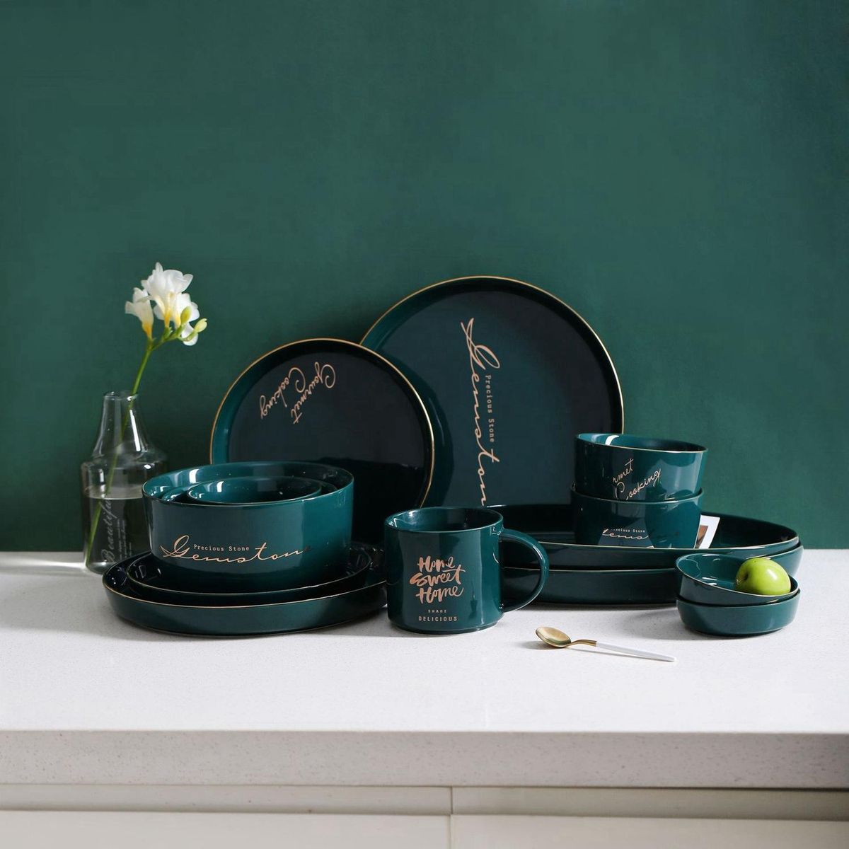 Green Ceramic Gold Inlay Plate Steak Food Plate Nordic Style Tableware Bowl Ins Dinner Dish High End Porcelain Dinnerware Set Large Round Plate With Letter"Gourmet Cooking"