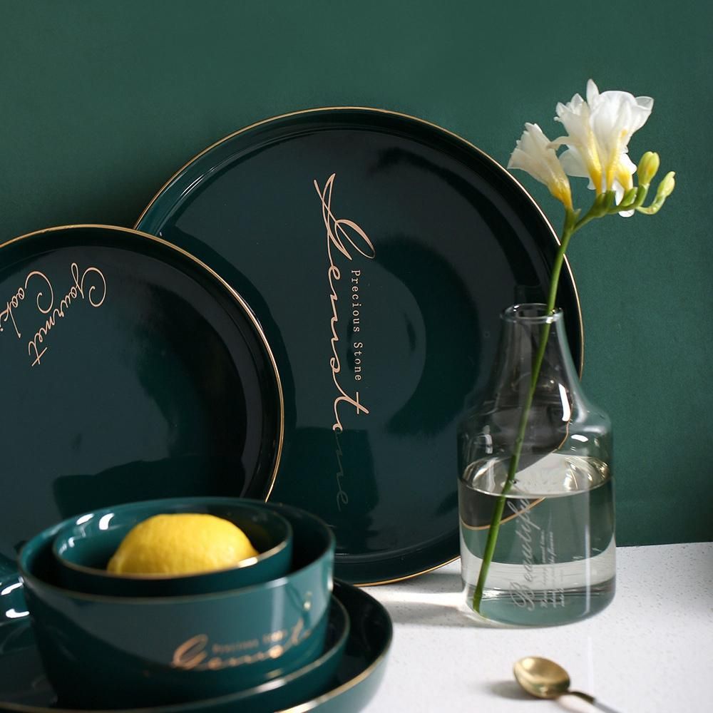 Green Ceramic Gold Inlay Plate Steak Food Plate Nordic Style Tableware Bowl Ins Dinner Dish High End Porcelain Dinnerware Set Large Round Plate With Letter"Gourmet Cooking"