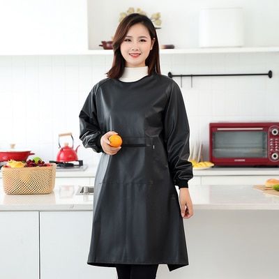 Long-sleeve PU Leather Apron Kitchen Cooking Pet Shop Waterproof And Oil-proof Soft Anti-wear Gown For Adults Women's Overall Black Long