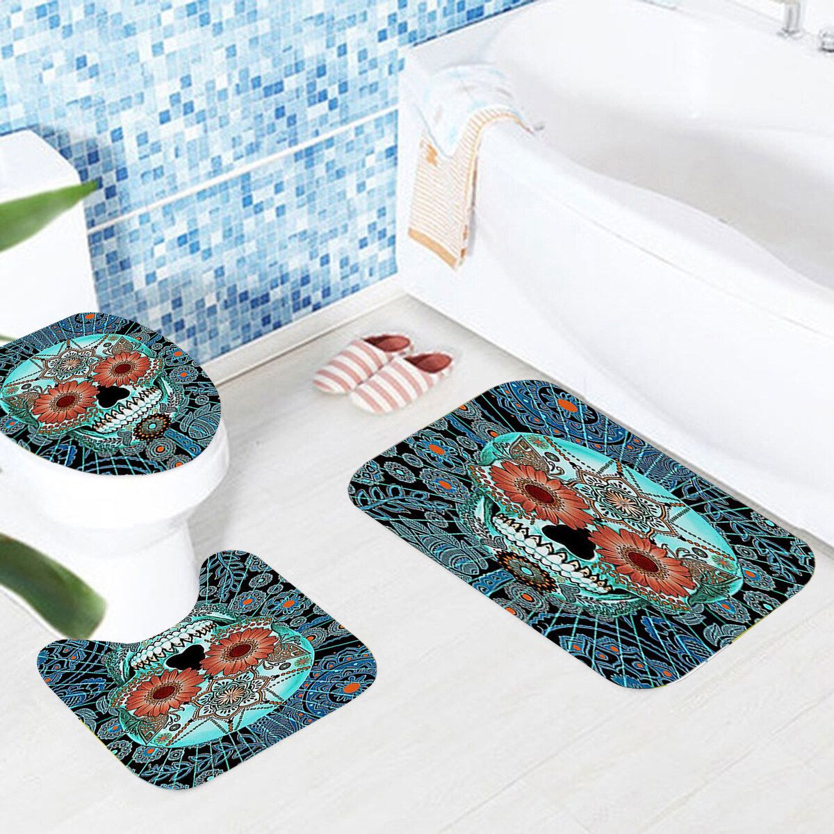 Waterproof Fabric Halloween Skull Bathroom Shower 3 Sets Of Floor Mat With Hooks Aqua