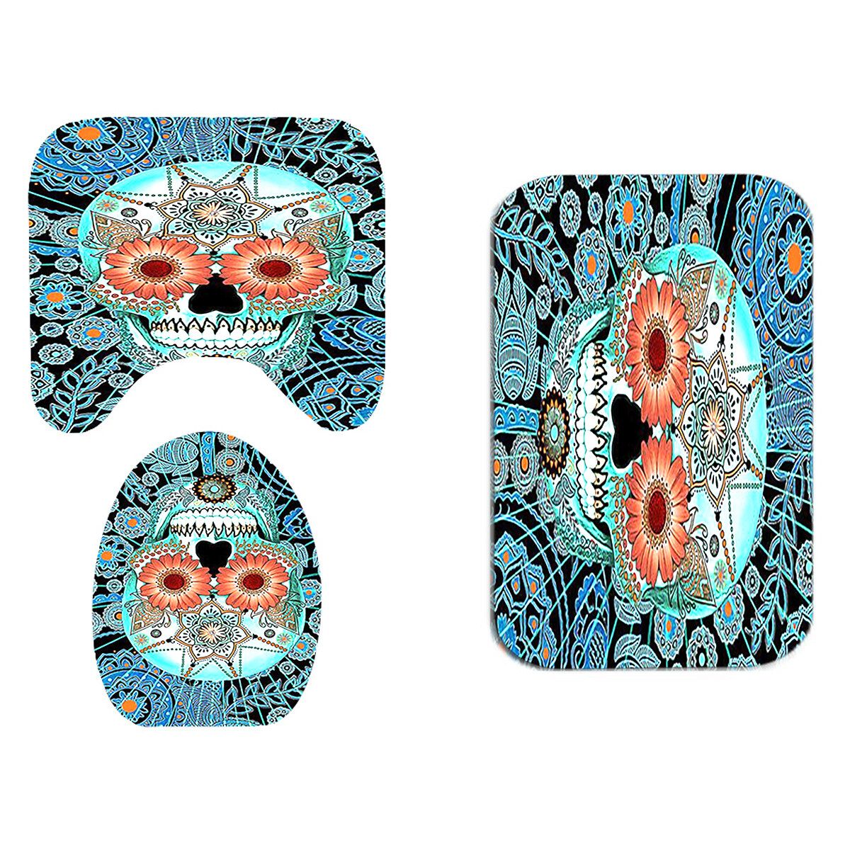 Waterproof Fabric Halloween Skull Bathroom Shower 3 Sets Of Floor Mat With Hooks Aqua