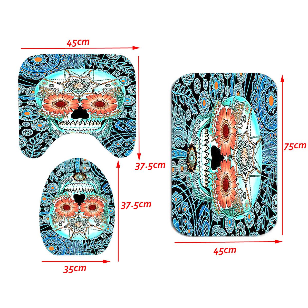 Waterproof Fabric Halloween Skull Bathroom Shower 3 Sets Of Floor Mat With Hooks Aqua