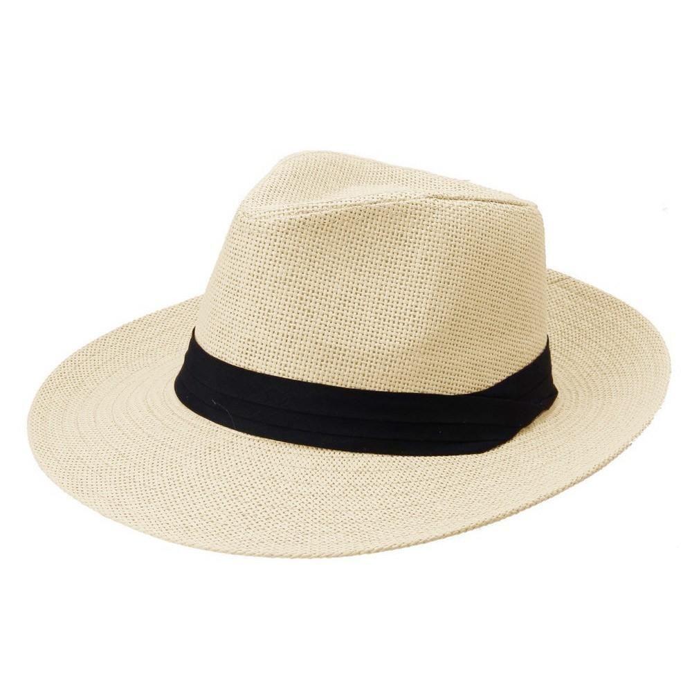 Fashion Men Women Panama Sun Straw Hat Contrast Ribbon Pinched Crown Rolled Trim Beach Cap