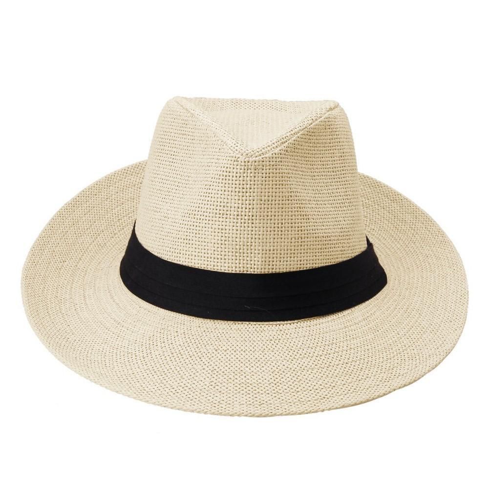 Fashion Men Women Panama Sun Straw Hat Contrast Ribbon Pinched Crown Rolled Trim Beach Cap