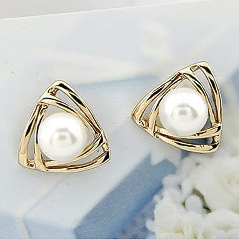 Women Faux Pearl Inlaid Double Triangle Crossover Ear-Golden