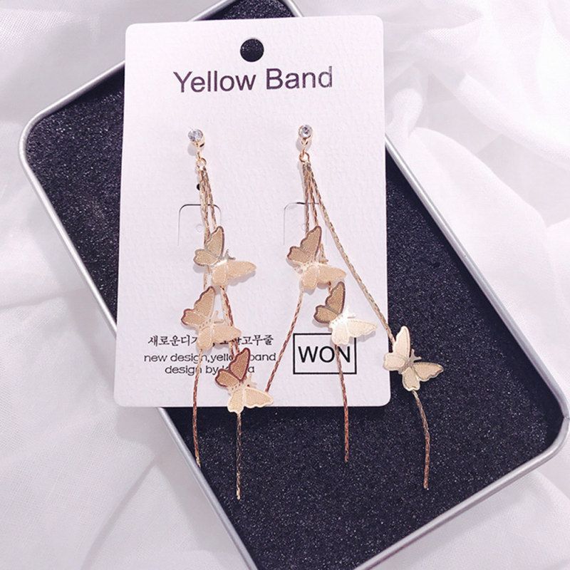 Women Tassel Chain Butterfly Long Dangle Rhinestone-Silver