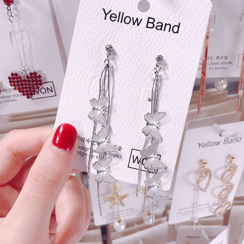 Women Tassel Chain Butterfly Long Dangle Rhinestone-Silver