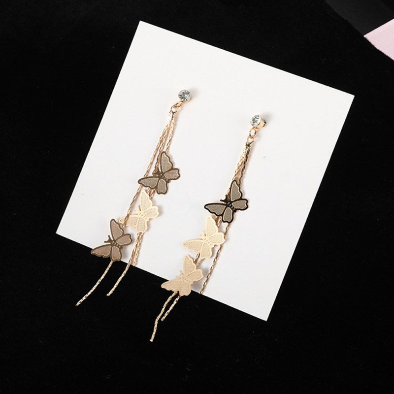 Women Tassel Chain Butterfly Long Dangle Rhinestone-Silver