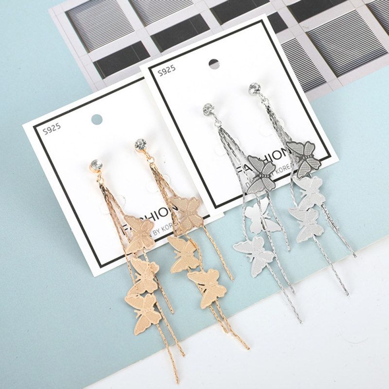 Women Tassel Chain Butterfly Long Dangle Rhinestone-Silver