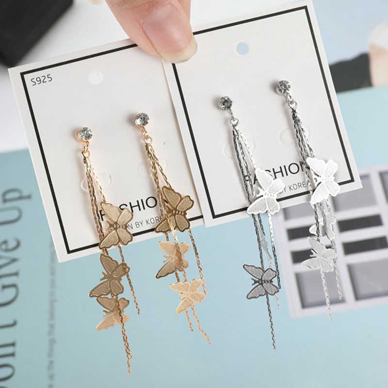 Women Tassel Chain Butterfly Long Dangle Rhinestone-Silver