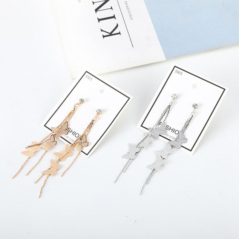 Women Tassel Chain Butterfly Long Dangle Rhinestone-Silver