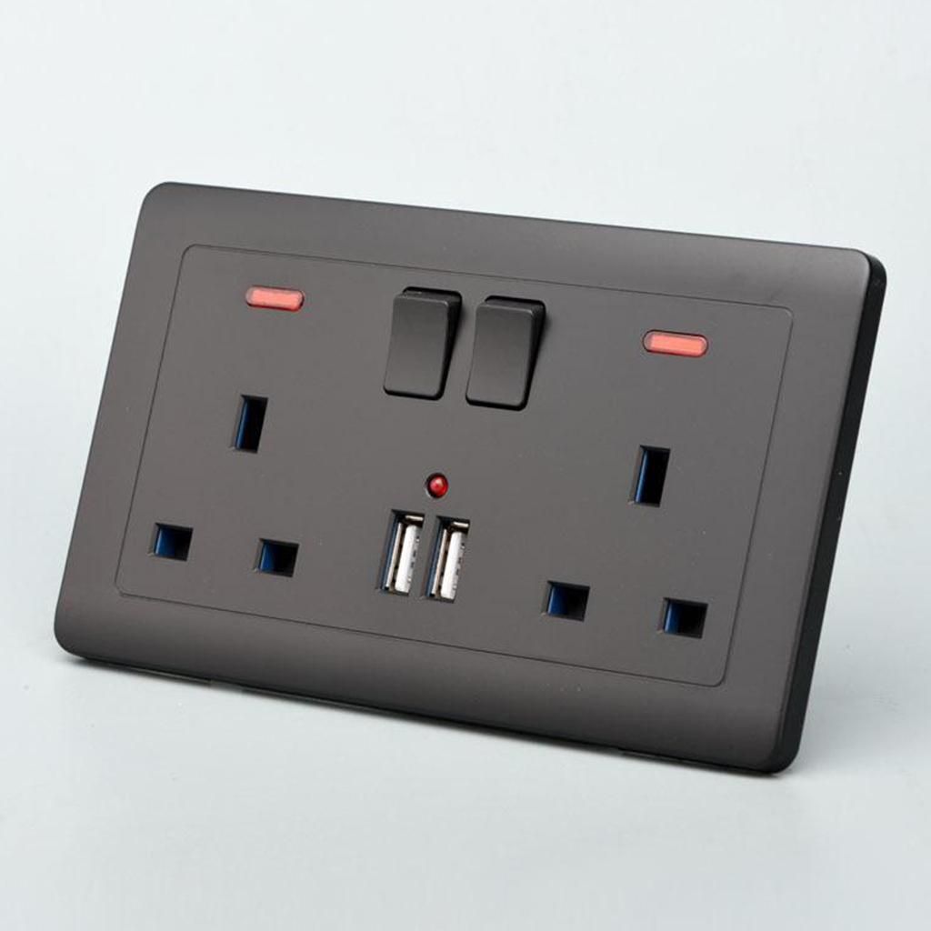 Double Wall UK Plug Socket 2 Gang 13A With 2 USB Charger Outlets,