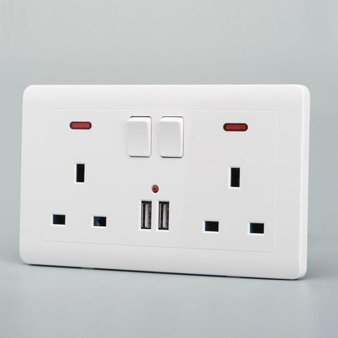 4xDouble Wall UK Plug Socket 2 Gang 13A 2 USB Charger Port Plate White