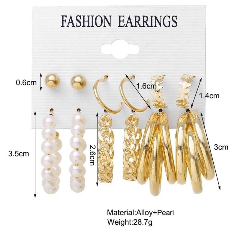 Retro 6 Pairs Chic Gold Earrings Set for Women Simple Pearl Metal Round Chain Party Jewelry(Gold)