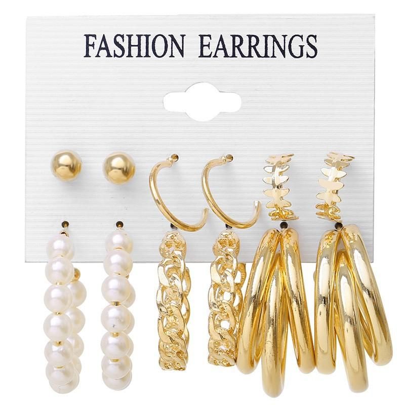 Retro 6 Pairs Chic Gold Earrings Set for Women Simple Pearl Metal Round Chain Party Jewelry(Gold)