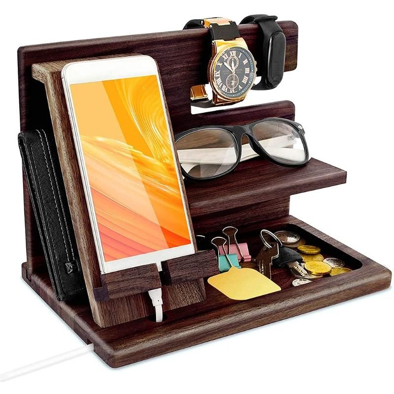 Wooden Phone Holder Docking Station Wallet Stand Watches Purse Gles Key Storage Box Desk Display Organizer Bedside Mens N0PA
