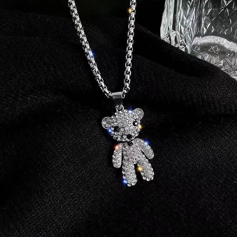 Hip Hop Cute Full Diamond Bear Pendant Long Necklace