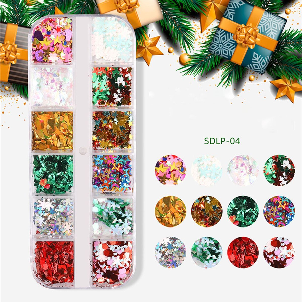 Nail Glitter Set Christmas 12 Blocks of Nail Decors Rhinestones for Nail Art DIY Assorted Nail Glitter Sequins