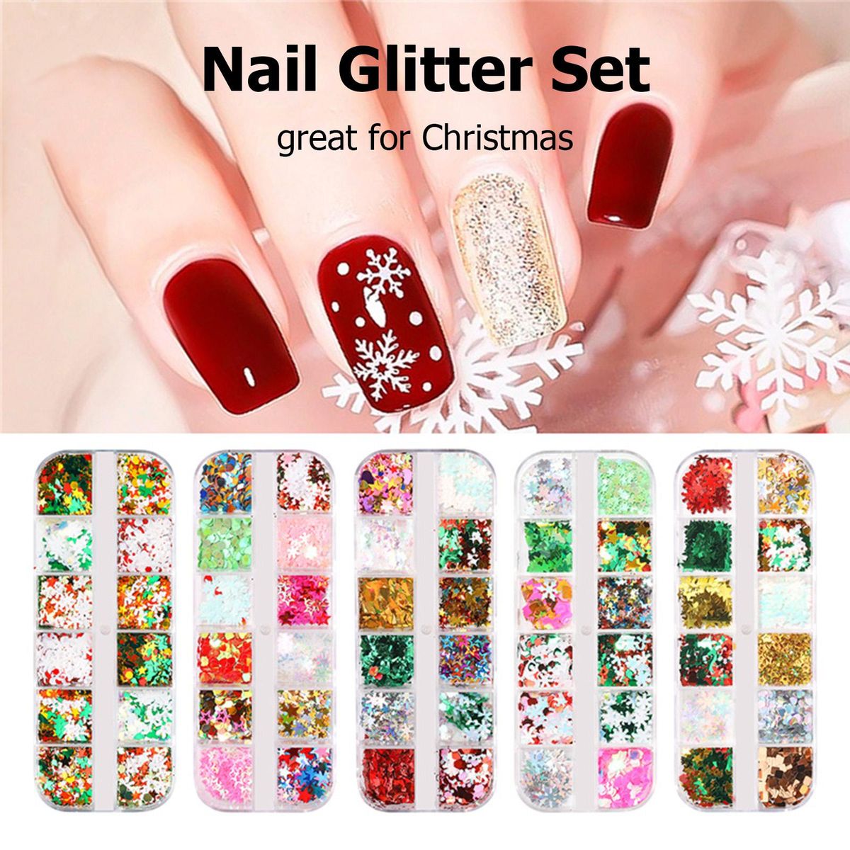 Nail Glitter Set Christmas 12 Blocks of Nail Decors Rhinestones for Nail Art DIY Assorted Nail Glitter Sequins
