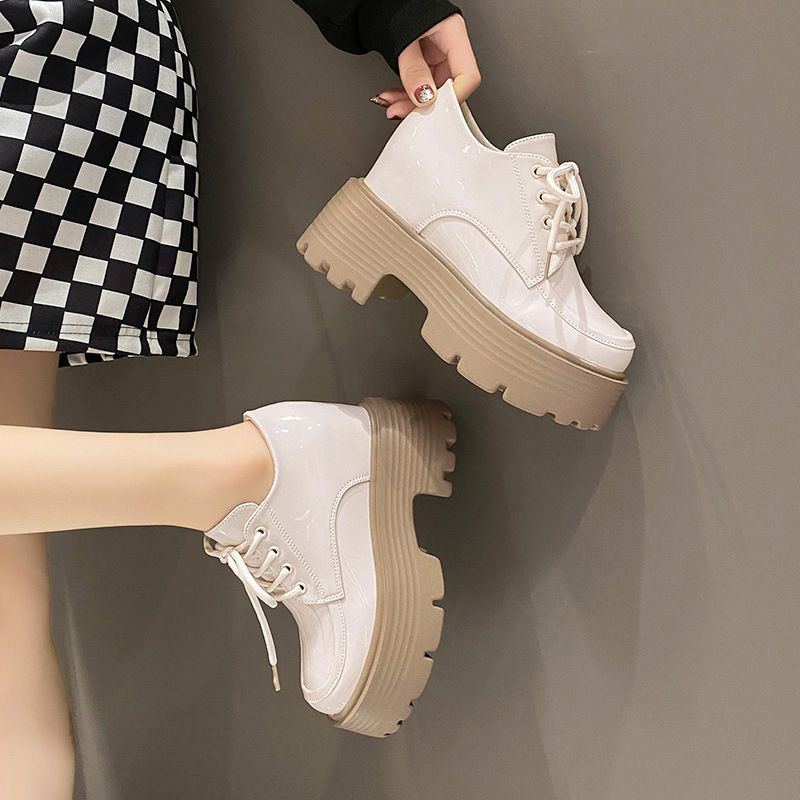 (Black)Platform Shoes Women Hidden Heel Loafers Fashion Designer Inner Height Chunky Round Toe JIN