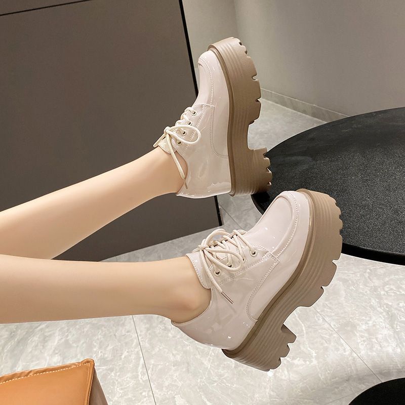 (Black)Platform Shoes Women Hidden Heel Loafers Fashion Designer Inner Height Chunky Round Toe JIN