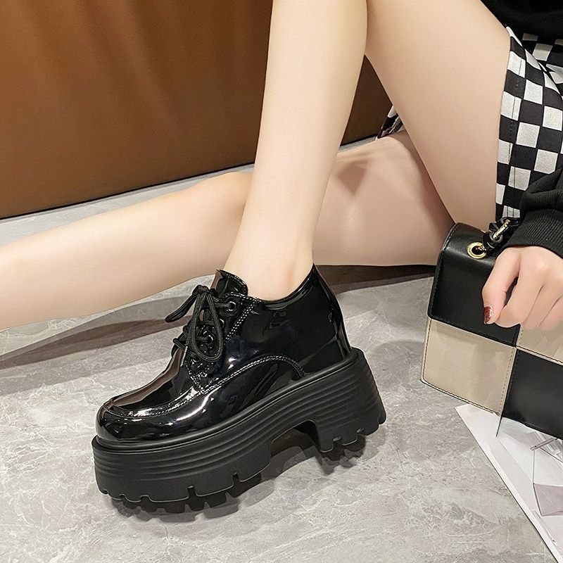 (Black)Platform Shoes Women Hidden Heel Loafers Fashion Designer Inner Height Chunky Round Toe JIN