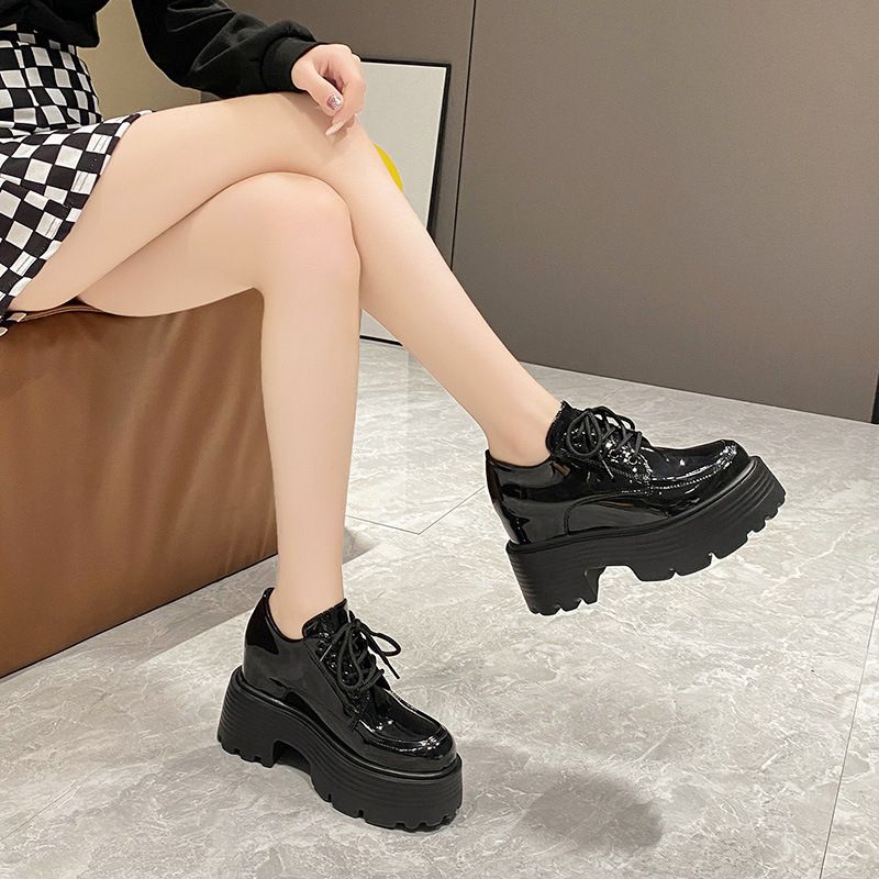 (Black)Platform Shoes Women Hidden Heel Loafers Fashion Designer Inner Height Chunky Round Toe JIN