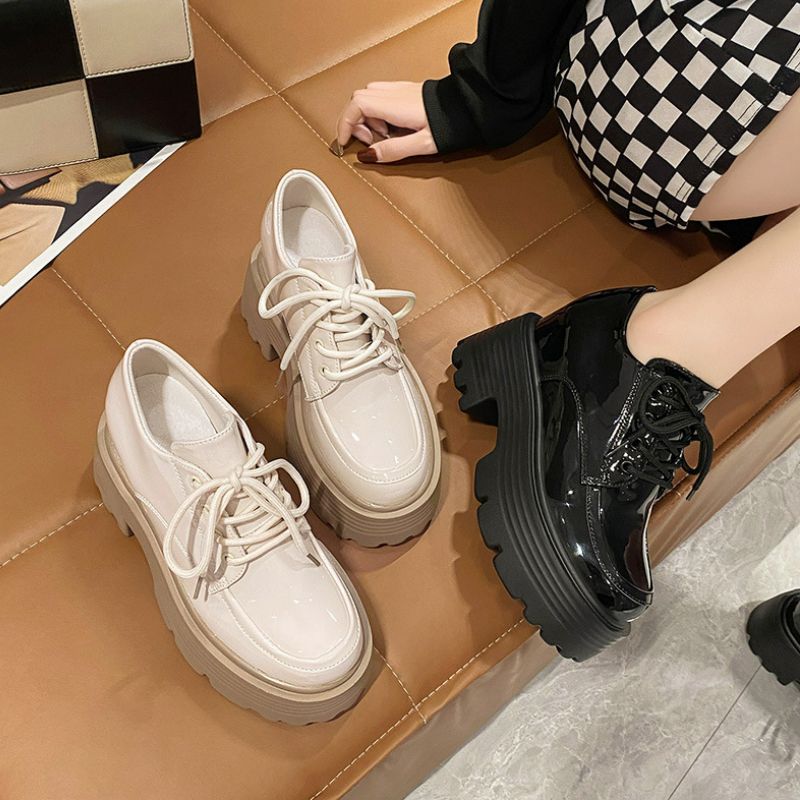 (Black)Platform Shoes Women Hidden Heel Loafers Fashion Designer Inner Height Chunky Round Toe JIN