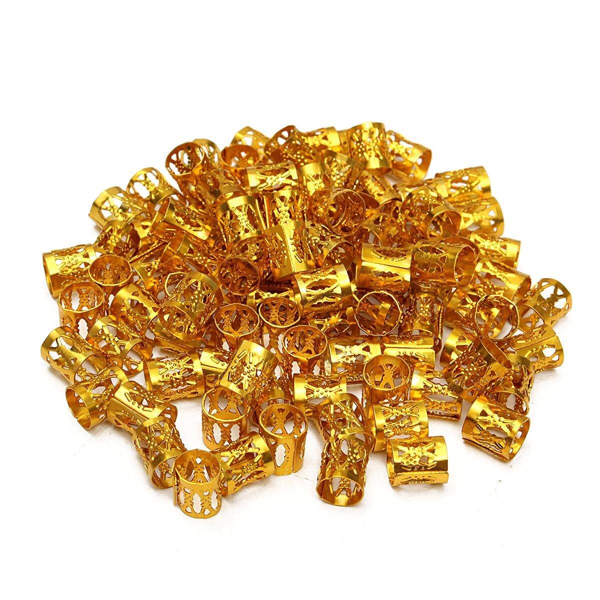 100X 8mm Golden Dreadlock Braiding Beads Hair Braid Adjustable Cuff Tubes Clips