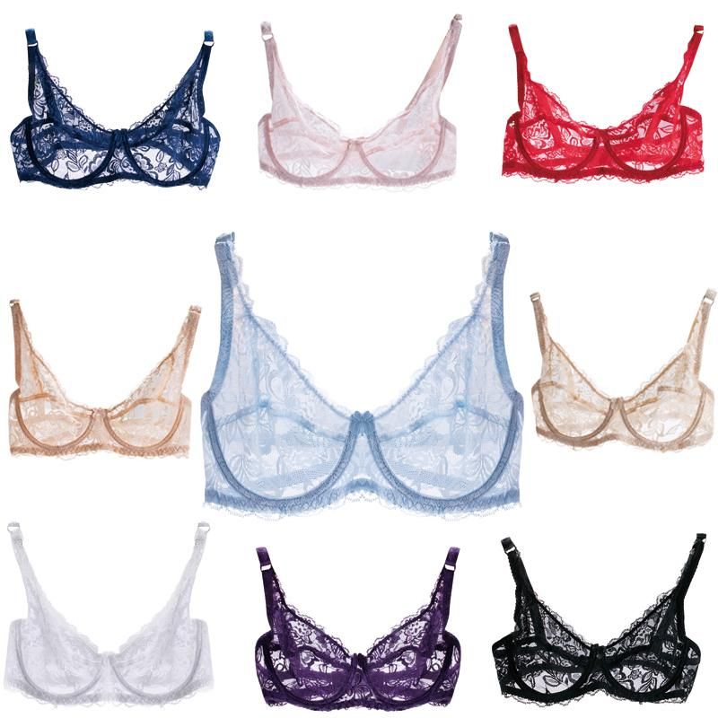 New Sexy Women Lace Gauze Bra Push Up 3/4 Cup Hook-and- Eye Breathable Ultra-thin bra Lingerie Underwear