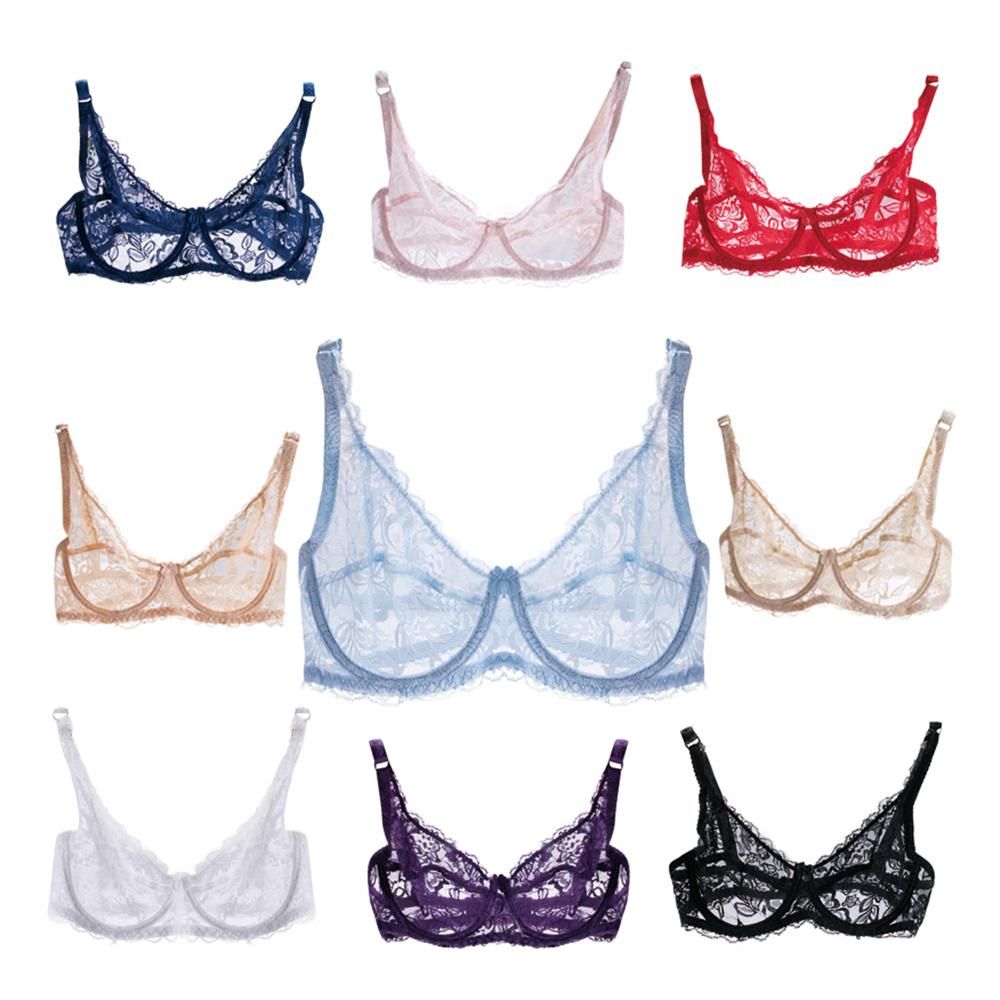 New Sexy Women Lace Gauze Bra Push Up 3/4 Cup Hook-and- Eye Breathable Ultra-thin bra Lingerie Underwear