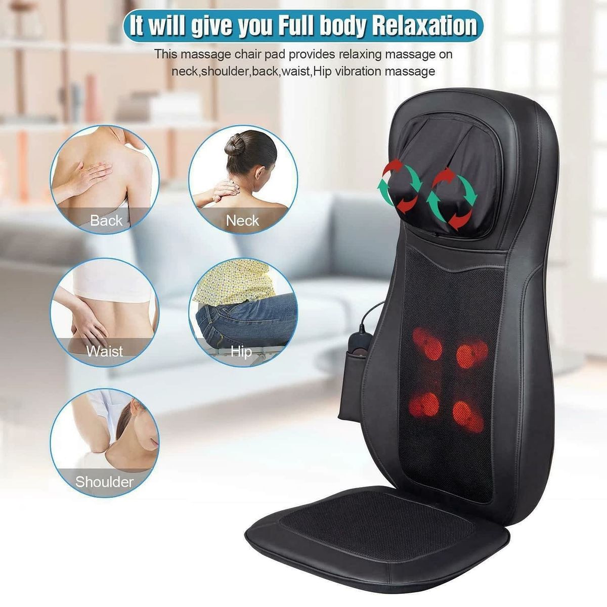 Shiatsu Kneading Full Massage Cushion With Heat - Customizable Multiple Zone Back Massage Chair With Deep Kneading And Vibration Plus Programmable Remote - Portable For Home Or Office