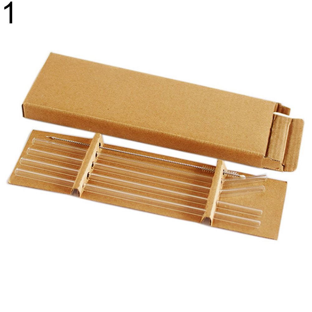 5Pcs Transparent Glass Straight Bend Straws Cleaning Brush-