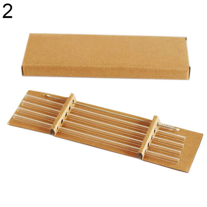 5Pcs Transparent Glass Straight Bend Straws Cleaning Brush-