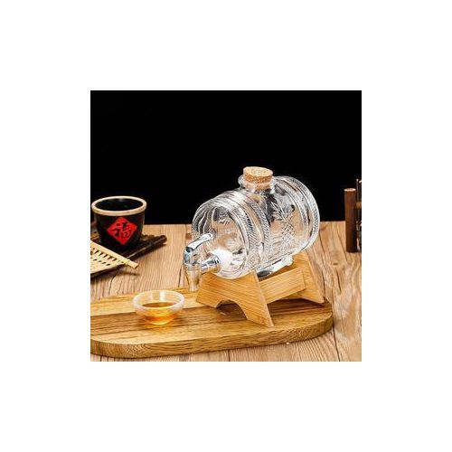 Home Barware Novelty Lead Free Glass Wine Barrel Shaped Whiskey Decanter With Wooden Support