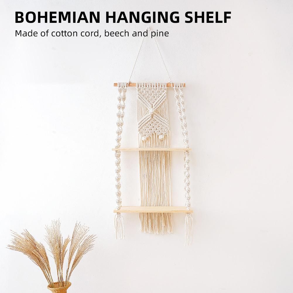 2 Tier Wall Hanging Shelf Wall Decor Decorative Creamy White Hanging Shelf Woven Rope for Bedroom Living Room Bookshelf