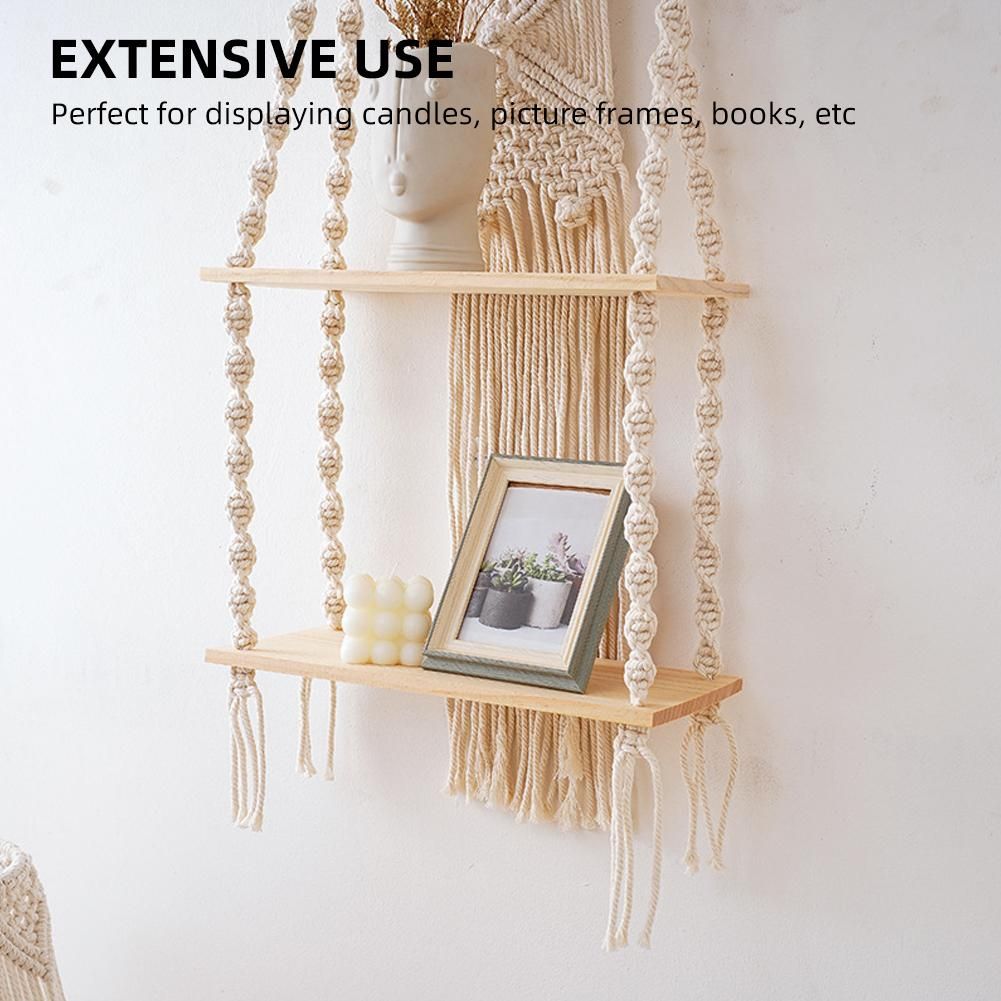 2 Tier Wall Hanging Shelf Wall Decor Decorative Creamy White Hanging Shelf Woven Rope for Bedroom Living Room Bookshelf