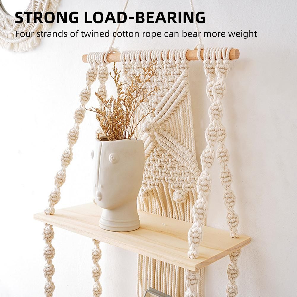 2 Tier Wall Hanging Shelf Wall Decor Decorative Creamy White Hanging Shelf Woven Rope for Bedroom Living Room Bookshelf