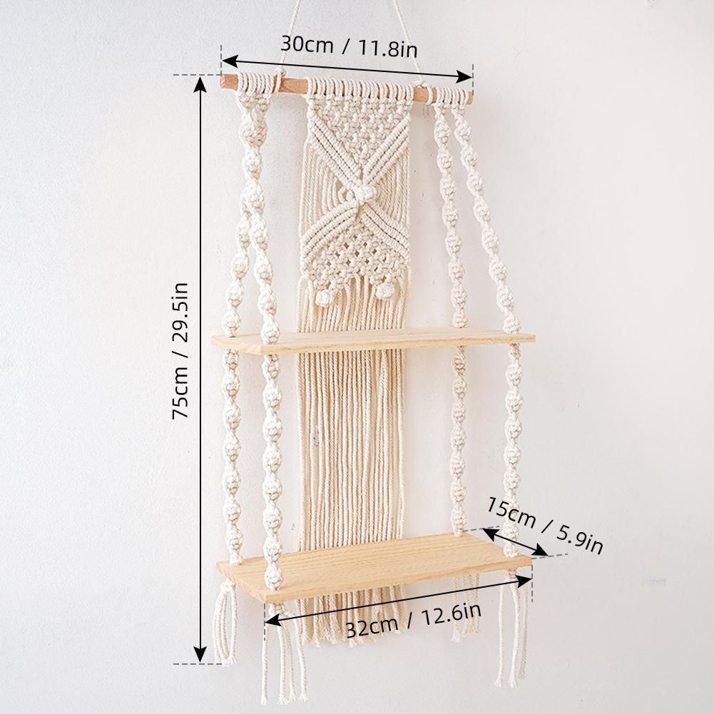 2 Tier Wall Hanging Shelf Wall Decor Decorative Creamy White Hanging Shelf Woven Rope for Bedroom Living Room Bookshelf
